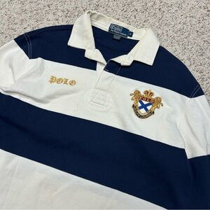 Vtg Polo Ralph Lauren Rugby Long Sleeve Polo Embroidered Crest Striped Medium